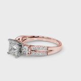 Rose gold Princess Cut Diamond Three-Stone Ring with Pavé Split Shank and Four-Prong Setting