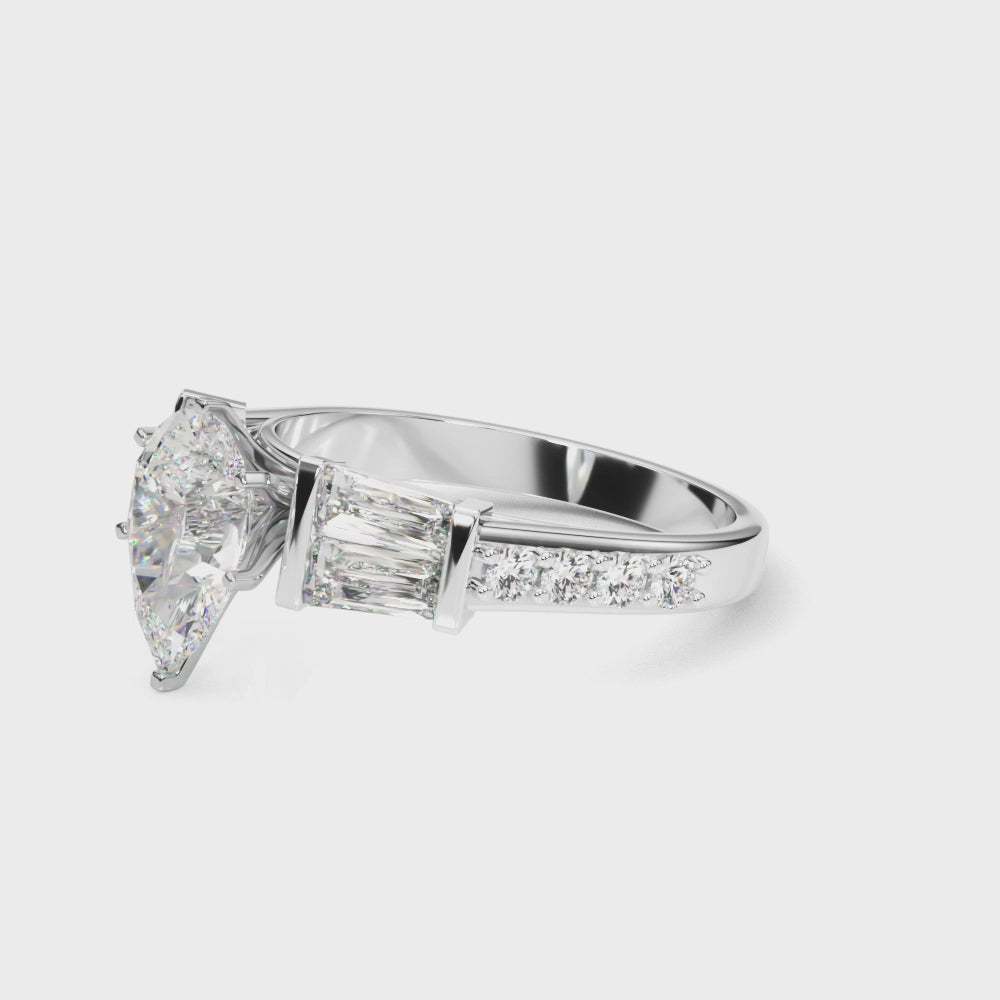 Silver Pear Solitaire Baguette Side Stone Channel Set Engagement Ring 3