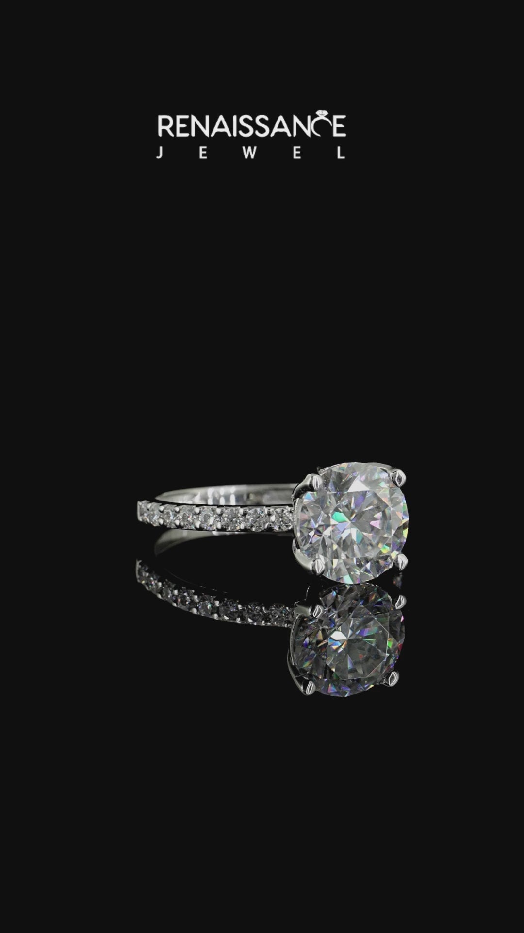 Silver Round Cut Moissanite Solitaire Engagement Ring with Round  Pavé Band and Prong Setting_14