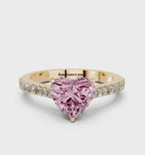 Yellow gold Fancy Pink Heart  Cut Solitaire Diamond Engagement Ring with Pave Band and Four-Prong Setting