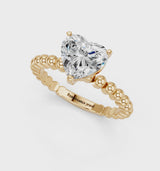 Yellow gold Heart Cut Diamond Solitaire Ring with Beaded Band and Prong Setting