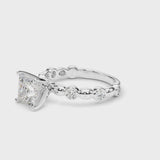 Silver Princess Solitaire Bezel-Set Diamond Ring with Beaded Band and Four-Prong Setting