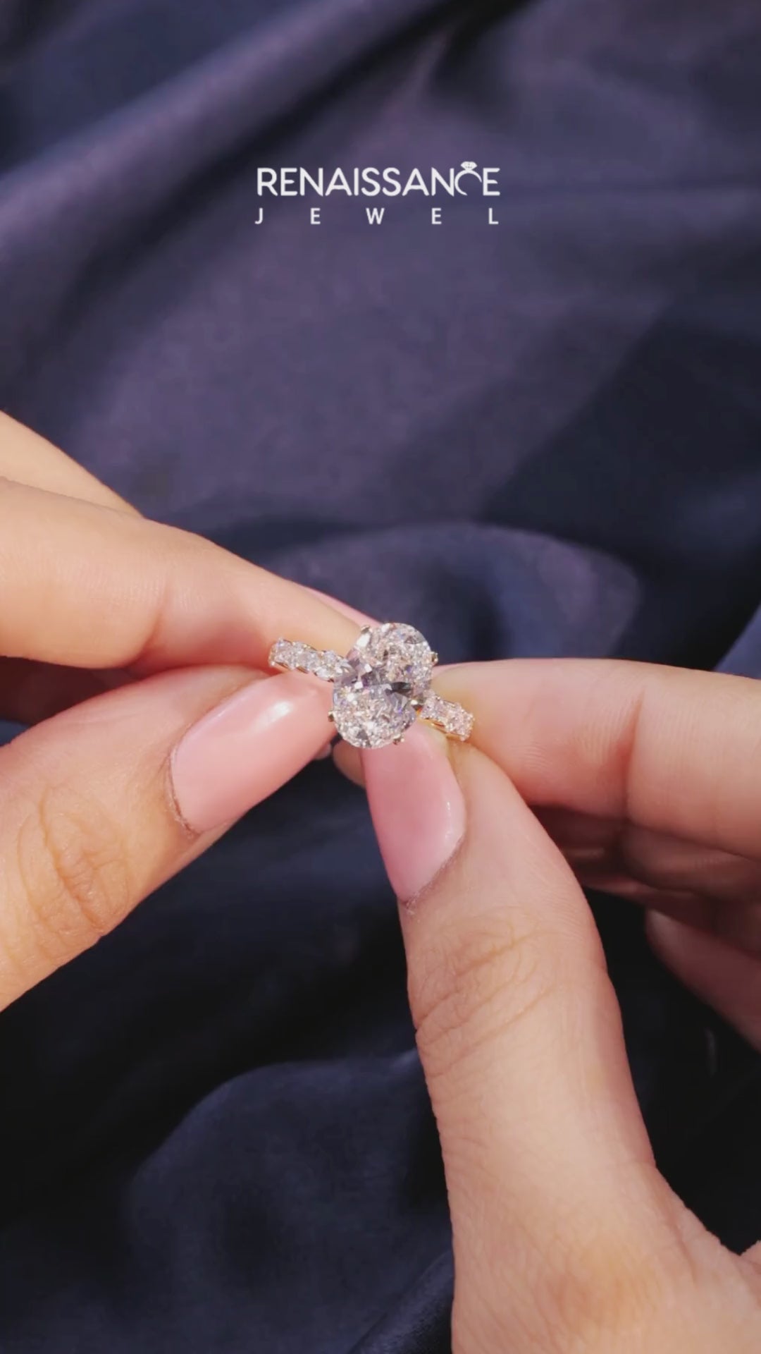 Yellow gold Oval Solitaire with Side Stones, Pave Band, Four-Prong Setting 7