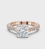 Rose gold Cushion Cut Solitaire Diamond Engagement Ring with Pave Band and Four-Prong Setting
