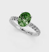 Silver Fancy Green Oval  Solitaire Pave Diamond Engagement Ring with Four-Prong Setting