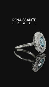 White gold Fancy Blue Round  Halo Diamond Ring with Milgrain Edge and Round Prong Setting