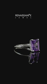 Silver Emerald Cut Amethyst Solitaire Engagement Ring with Round Band and Four-Prong Setting