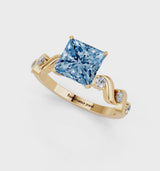 Yellow gold Fancy Blue Princess  Solitaire Twisted Band with Prong Setting