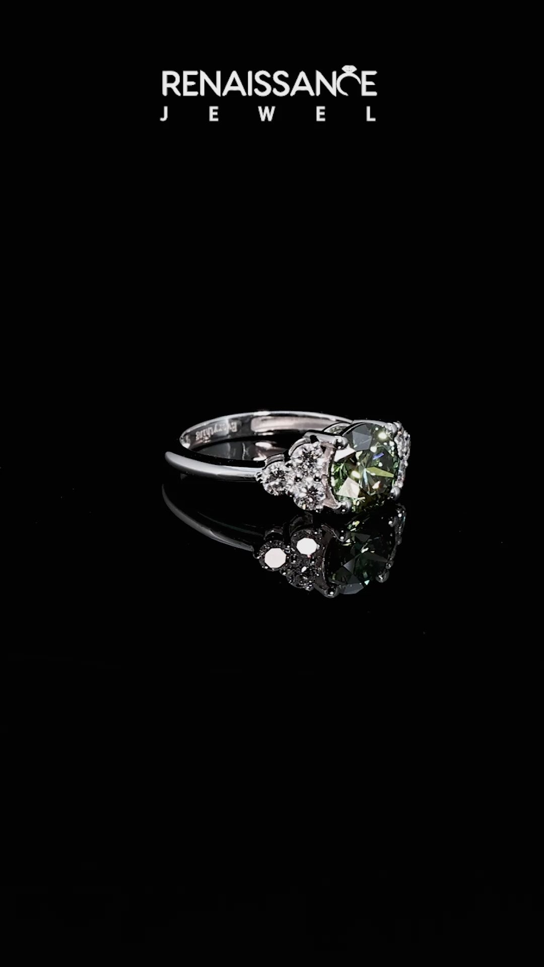 White gold Fancy Green Round Cut Brilliant Diamond Cluster Accent Solitaire Ring with Prong Setting_12