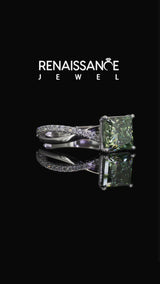 Platinum Fancy Green Princess  Cut Twist Band Solitaire Diamond Ring with Pavé Setting