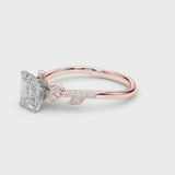 Rose gold Emerald Solitaire Leaf-Inspired Diamond Ring with Pavé Band and Four-Prong Setting
