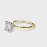 Yellow gold Princess Solitaire Diamond Ring with Bamboo Band and Four-Prong Setting