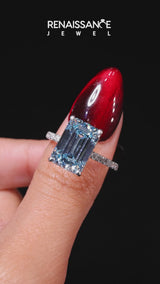 White gold Fancy Blue Emerald Cut Diamond Pave Band Solitaire Ring with Round  and Prong Setting