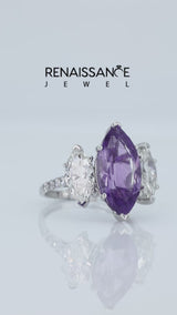 Silver Three-Stone Marquise Cut Amethyst Ring with Round  Pavé Band and Prong Setting