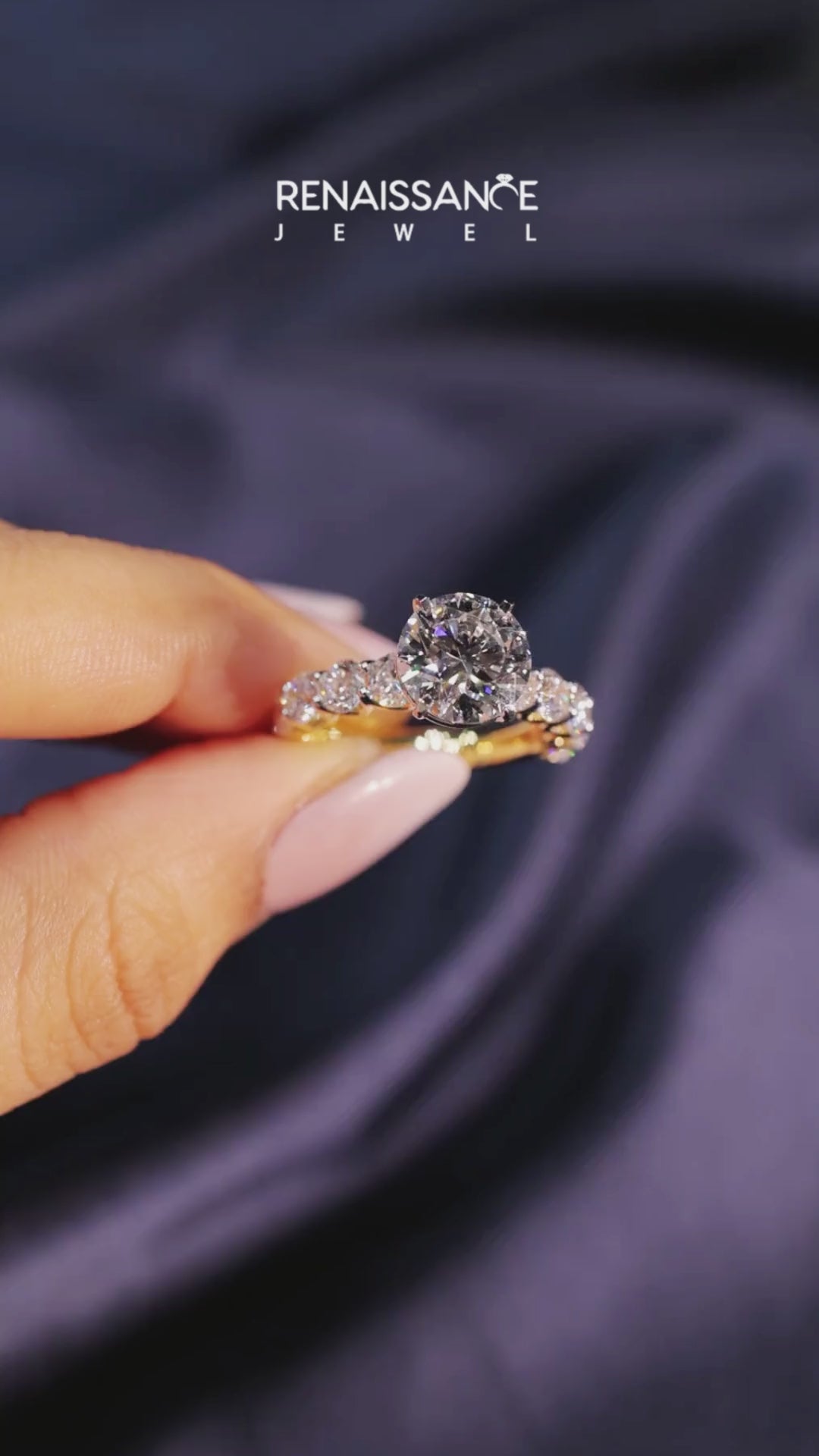 Yellow gold Round Diamond Prong Setting with Side Stones on a Pave Band 6