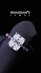 Silver Radiant Cut Diamond Ring with Marquise and Round with Amethyst side stone Side Stones and Four-Prong Setting