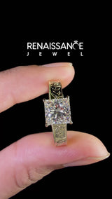 Yellow gold Princess Cut Diamond Solitaire Ring with Engraved Band and Four-Prong Setting