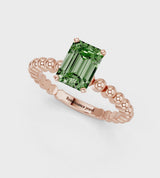 Rose gold Fancy Green Emerald Cut Diamond Solitaire Ring with Beaded Band and Prong Setting