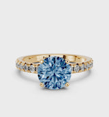 Yellow gold Fancy Blue Round  Solitaire Pave Diamond Engagement Ring with Four-Prong Setting