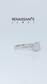 Silver Cushion Cut Moissanite Pave Band Solitaire Ring with Round  and Prong Setting