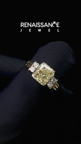 Yellow gold Fancy Yellow Radiant  Cut Three-Stone Channel Set Ring with Bar Prongs