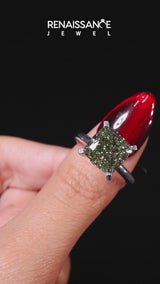 Silver Fancy Green Cushion Cut Diamond Solitaire Engagement Ring with Round Band and Four-Prong Setting