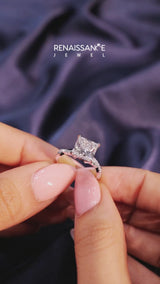 White gold Asscher Cut Twist Band Solitaire Diamond Ring with Pavé Setting