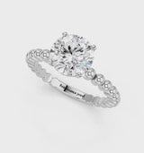 White gold Asscher Cut Diamond Solitaire Ring with Beaded Band and Prong Setting
