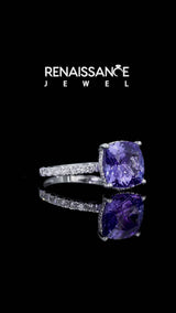 Silver Cushion Cut Tanzanite Pave Band Solitaire Ring with Round  and Prong Setting