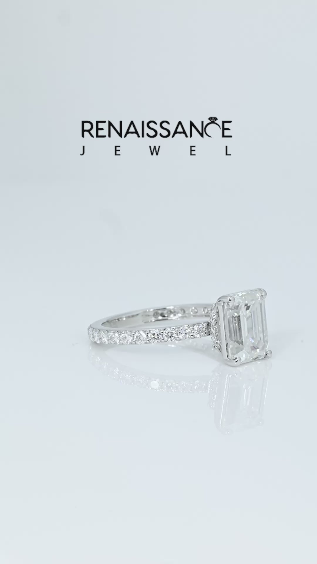 Silver Emerald Cut Moissanite Pavé Engagement Ring with Round  Accents and Prong Setting_13