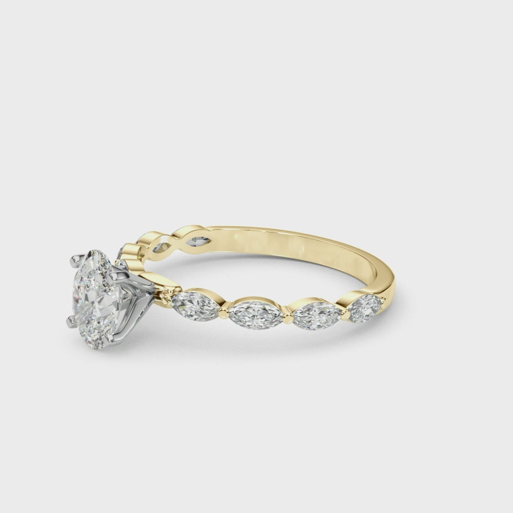 Yellow gold Oval Solitaire Marquise Side Stone Prong Setting Ring 7