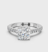 Silver Cushion Cut Solitaire Diamond Engagement Ring with Pave Band and Four-Prong Setting