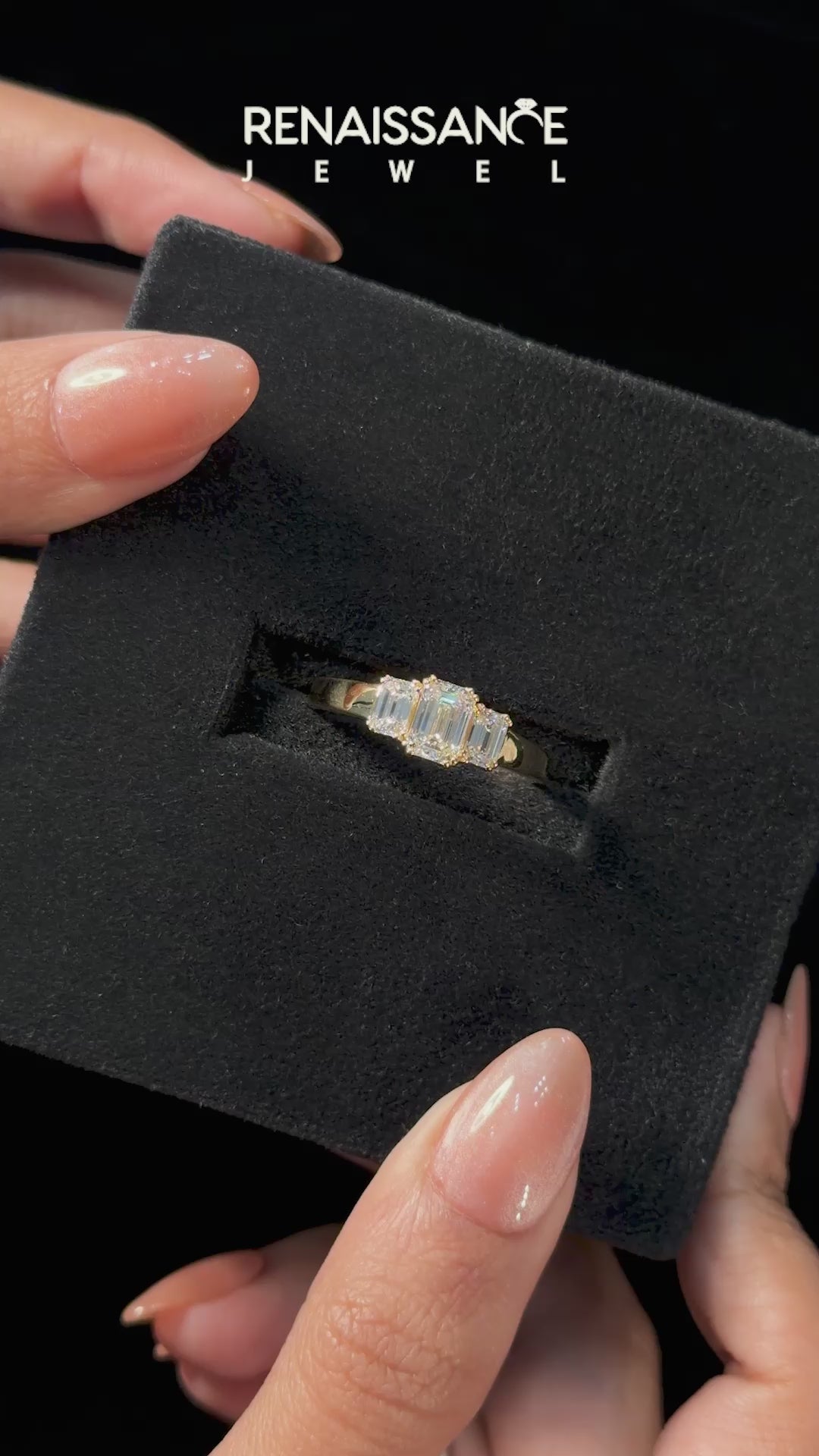 Yellow gold Three-Stone Emerald Cut Diamond Ring with Channel Set Band and Four-Prong Setting_15