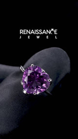 Silver Heart Cut Amethyst Solitaire Ring with Flower Prong Setting and Classic Band