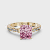 Yellow gold Fancy Pink Radiant  Cut Solitaire Diamond Engagement Ring with Pave Band and Four-Prong Setting