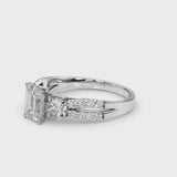 White gold Emerald Cut Diamond Three-Stone Ring with Pavé Split Shank and Four-Prong Setting