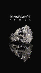 Silver Marquise Cut Diamond Leaf-Inspired Engagement Ring with Round Accents and Prong Setting