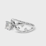 Silver Cushion Cut Solitaire Diamond with Side Stones on Criss-Cross Band and Four-Prong Setting