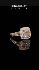 Yellow gold Asscher Cut Diamond Double Halo Ring with Pavé Band and Prong Setting