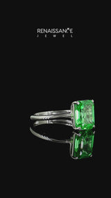 Silver Emerald Cut Green Sapphire Solitaire Engagement Ring with Round Band and Four-Prong Setting