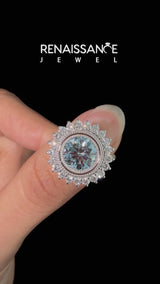 White gold Fancy Blue Round  Halo Diamond Ring with Milgrain Edge and Round Prong Setting