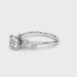 White gold Round Solitaire Leaf-Inspired Diamond Ring with Pavé Band and Four-Prong Setting