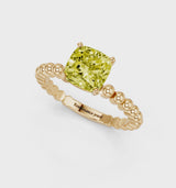 Yellow gold Fancy Yellow Cushion Cut Diamond Solitaire Ring with Beaded Band and Prong Setting