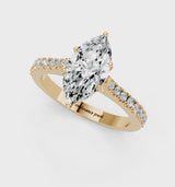 Yellow gold Marquise Cut Solitaire Diamond Engagement Ring with Pave Band and Four-Prong Setting