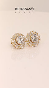 Yellow gold Round Diamond Double Halo Stud Earrings with Prong Setting