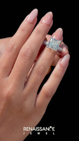 White gold Emerald Cut Pave Diamond Engagement Ring with Channel Set Band and Four-Prong Setting