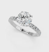 Silver Round Cut Diamond Solitaire Pavé Band with Four-Prong Setting
