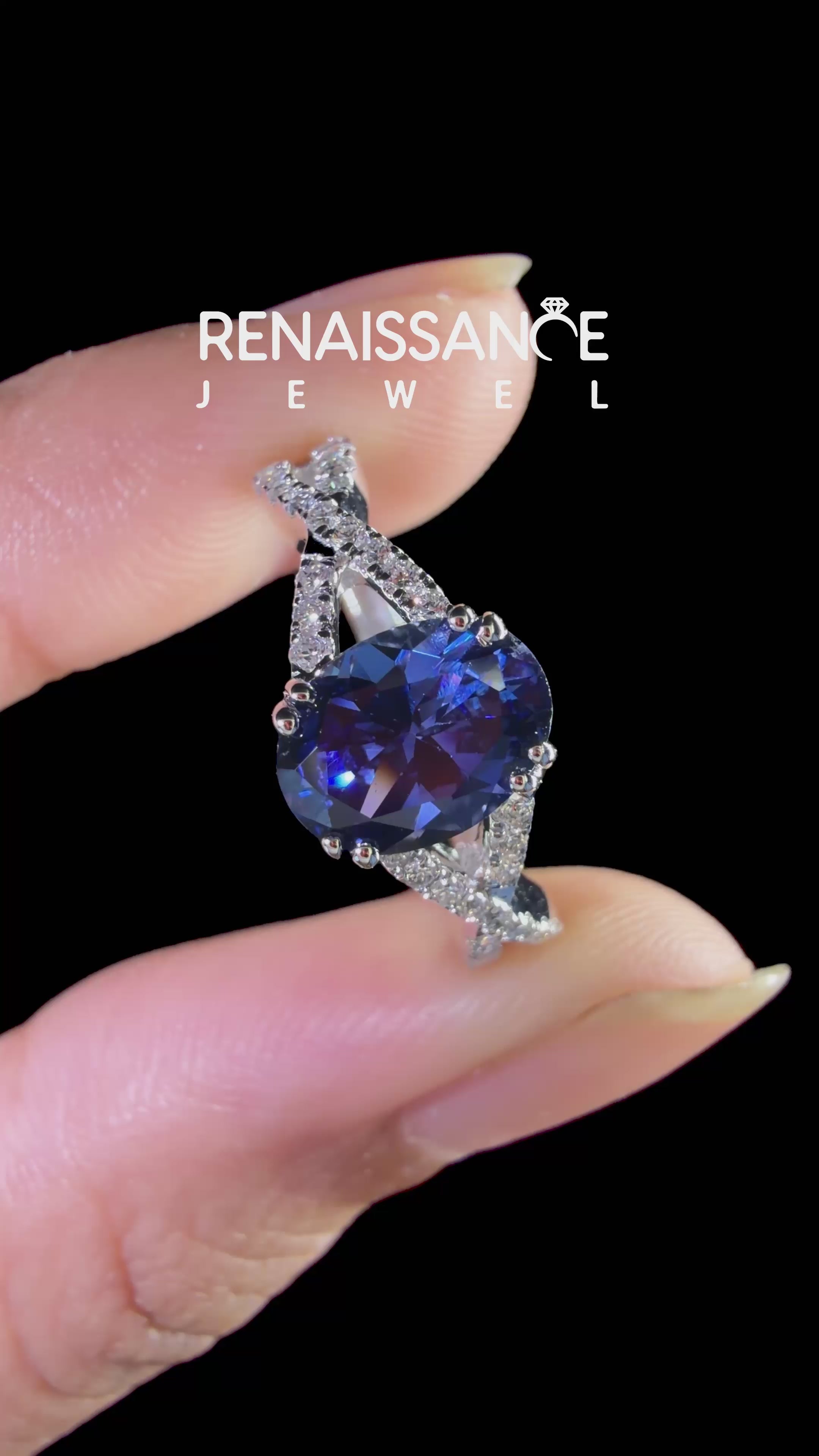 White gold Oval Cut Blue Sapphire Solitaire Ring with Four-Prong Setting and Twisted Pavé Band_12