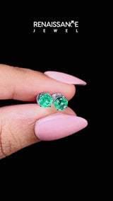 Platinum Round Cut Emerald Stud Earrings
