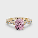 Yellow gold Fancy Pink Oval  Cut Solitaire Diamond Engagement Ring with Pave Band and Four-Prong Setting